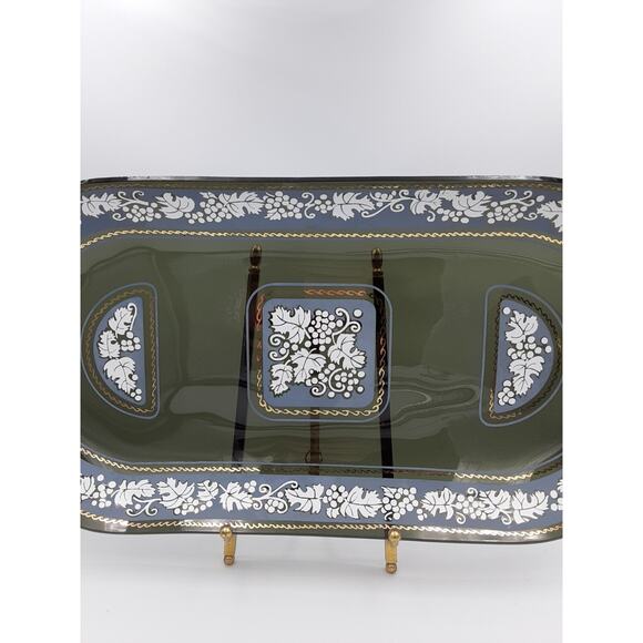 Smoky Glass Tray Plate With White & Gold Accent Console Dish Serving Platter - Picture 3 of 12